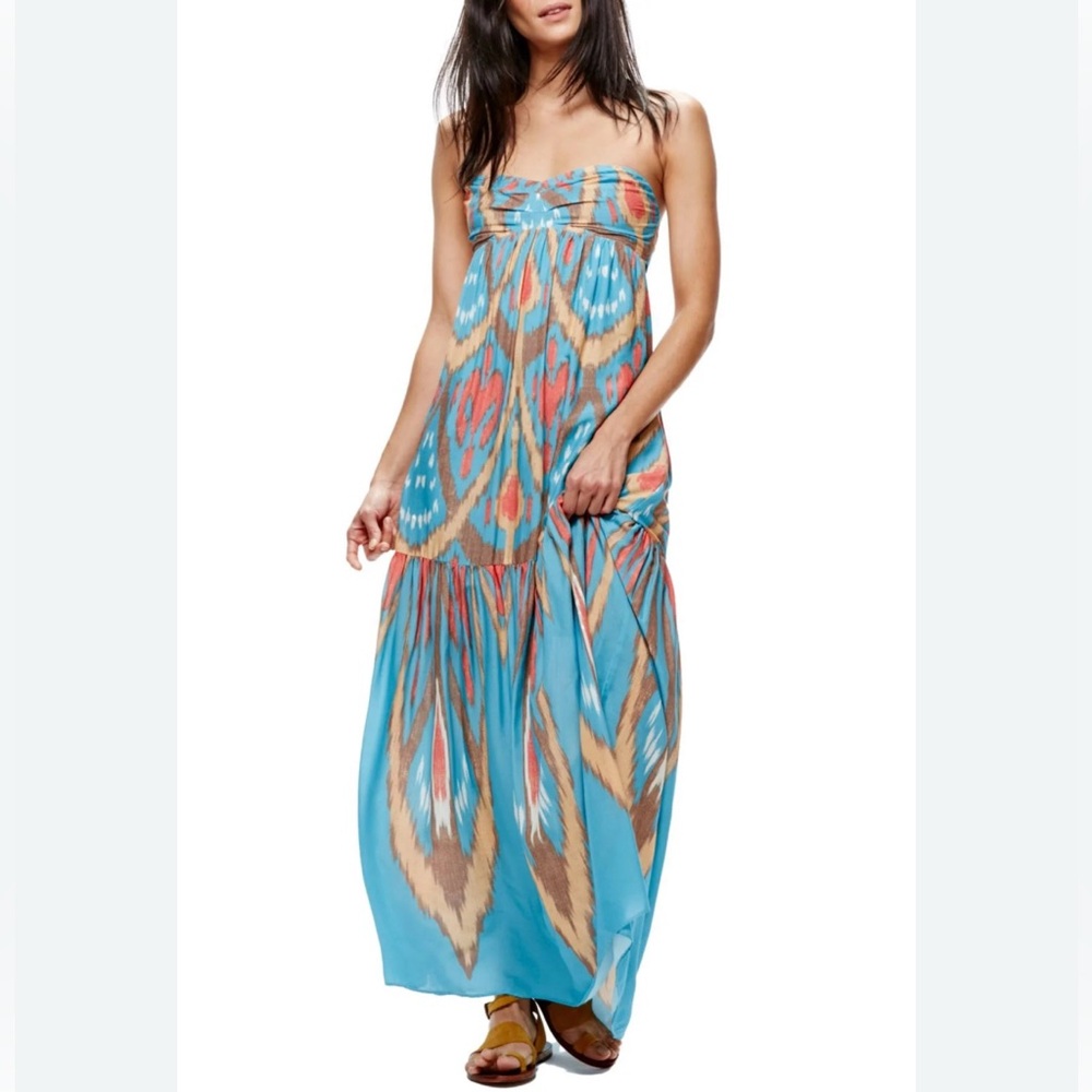 Free People Mojave Maxi Boho Strapless‎ Dress Tie Back Blue Combo Size XS - Picture 2 of 10